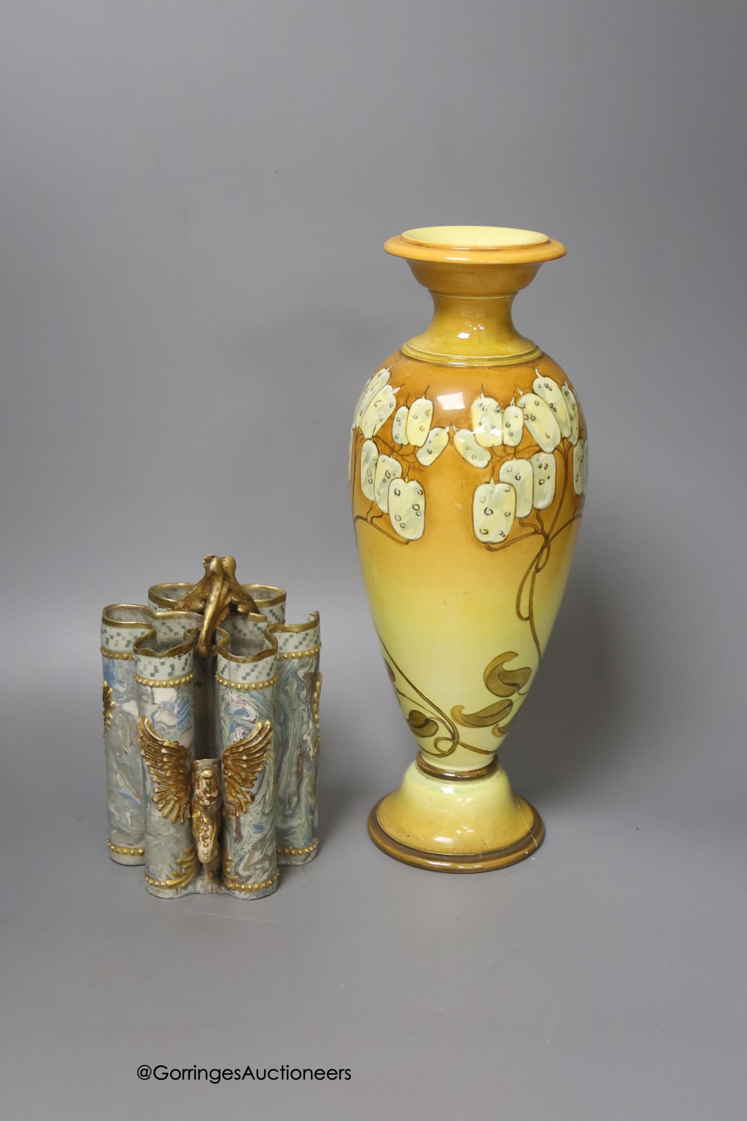A Doulton & Rix Patent spill vase, 15cm, a Doulton Faience vase, and a Doulton Kate Greenaway almanack plate, boxed